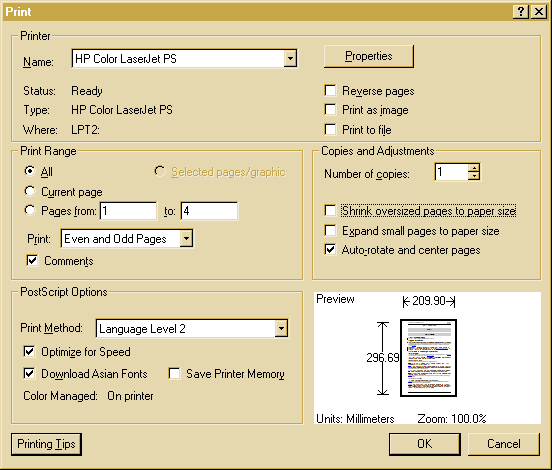 Print dialog window of Adobe Acrobat Reader 5.0